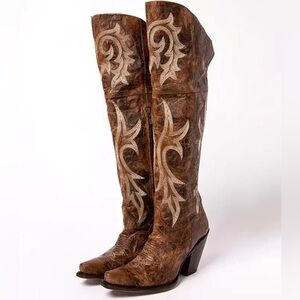 Brown Western Knee-High Boots with Embroidery